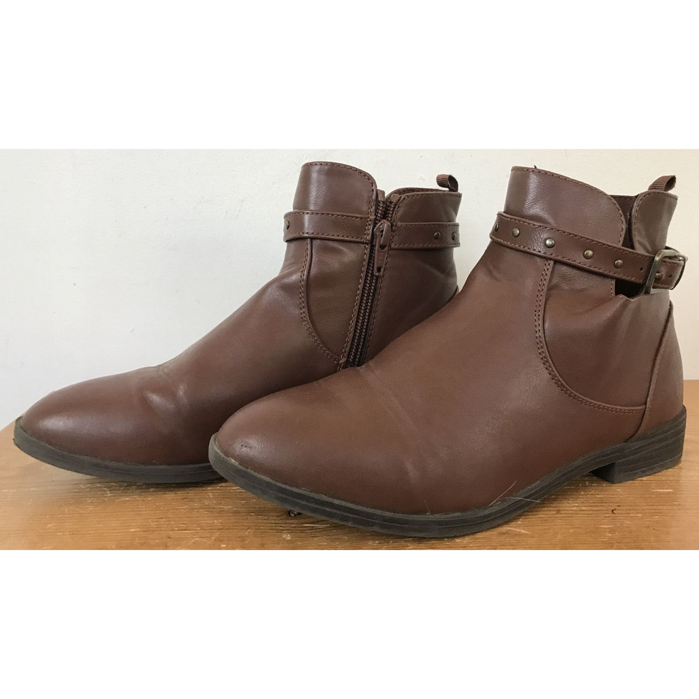 Vintage Style Brown Vegan Faux Leather Zip Up Buckle Stud Bootie Ankle Boots 5